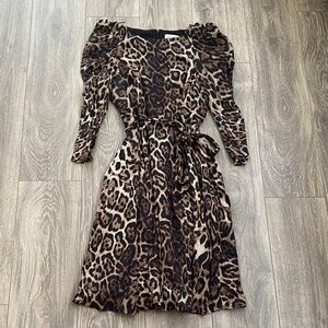 Eliza J - Leopard Print Statement Sleeve Belted Midi Dress - Size 10 Petite